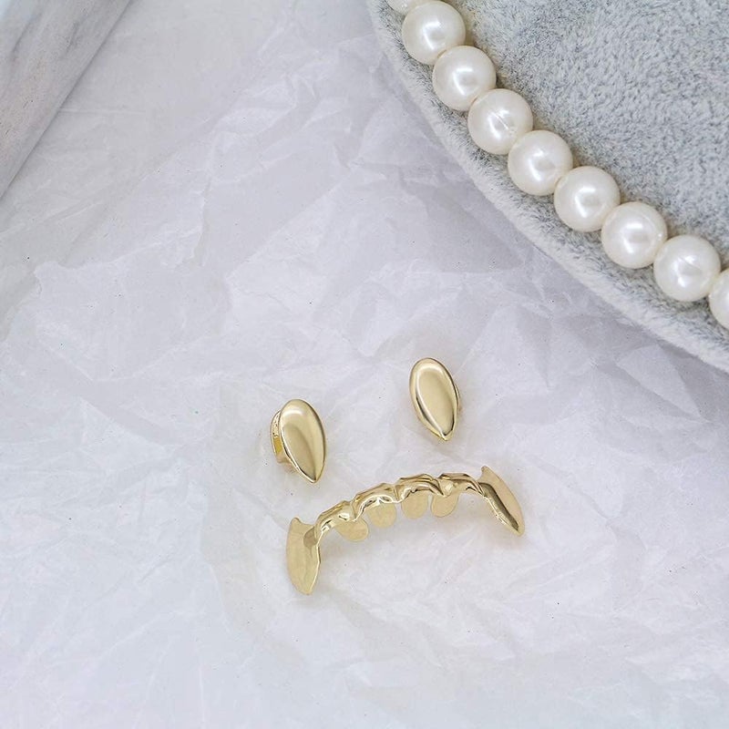 LuReen 14k Gold Vampire Dracula Teeth Grillz 2pc Single Fangs and 6 Bottom Grillz Set for Halloween Costume Cosplay - Image 3